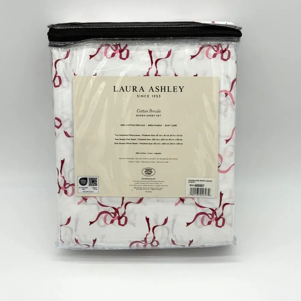 Laura Ashley Trailing Bows Red & White Striped Hem 4pc QUEEN Sheet Set NEW
